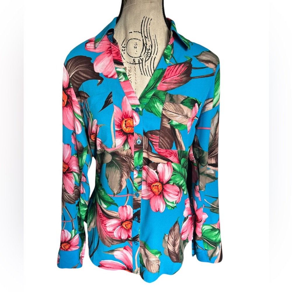 Express Portofino Tropical Floral Button Front Blouse Slim Fit Small Colorful